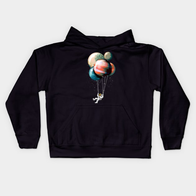 Cute Spaceman with Balloon Planets Kids Hoodie by robotface